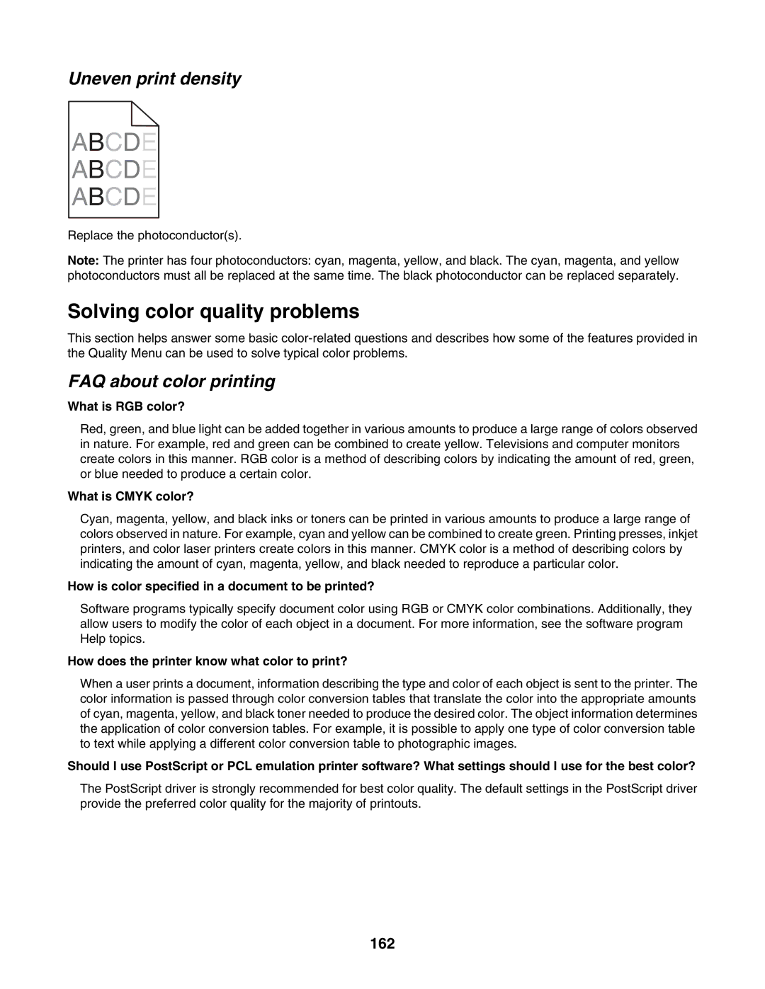 Lexmark C935 manual Solving color quality problems, Uneven print density, FAQ about color printing, 162 