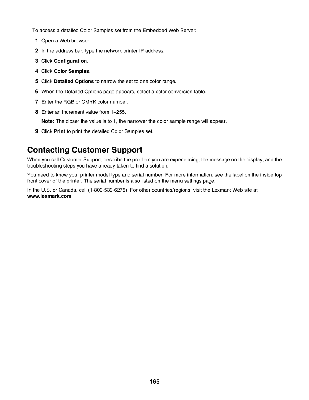 Lexmark C935 manual Contacting Customer Support, 165, Click Configuration Click Color Samples 