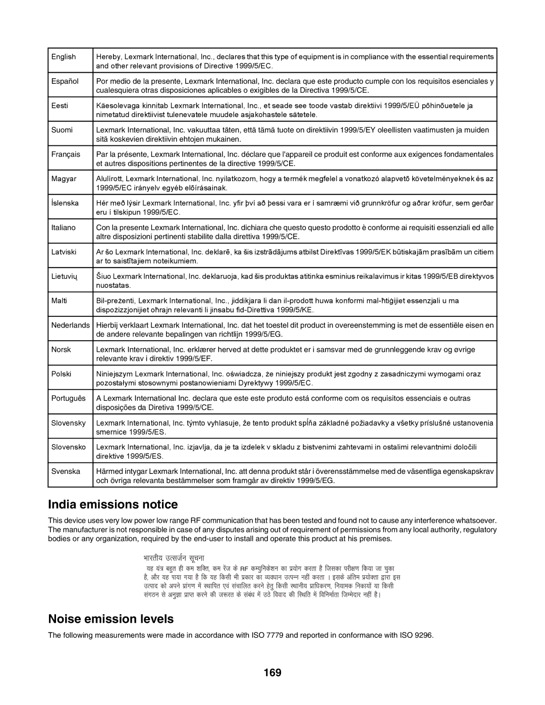 Lexmark C935 manual India emissions notice, 169 