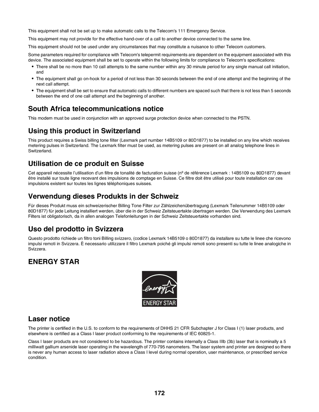 Lexmark C935 manual South Africa telecommunications notice, 172 