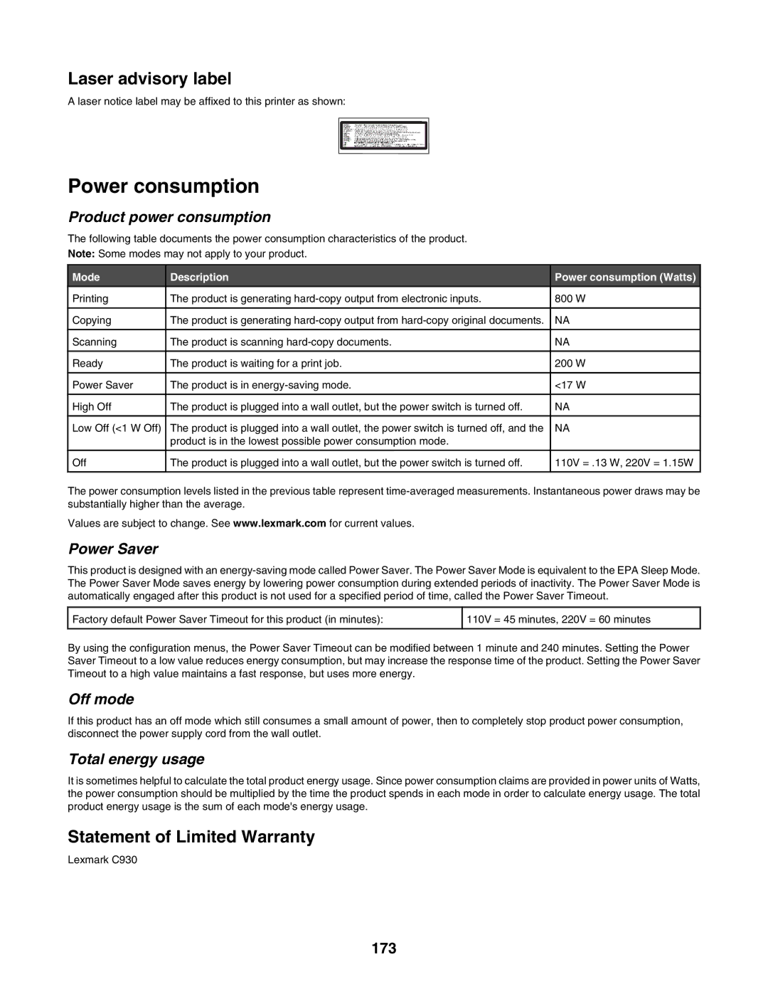 Lexmark C935 manual Power consumption, 173 