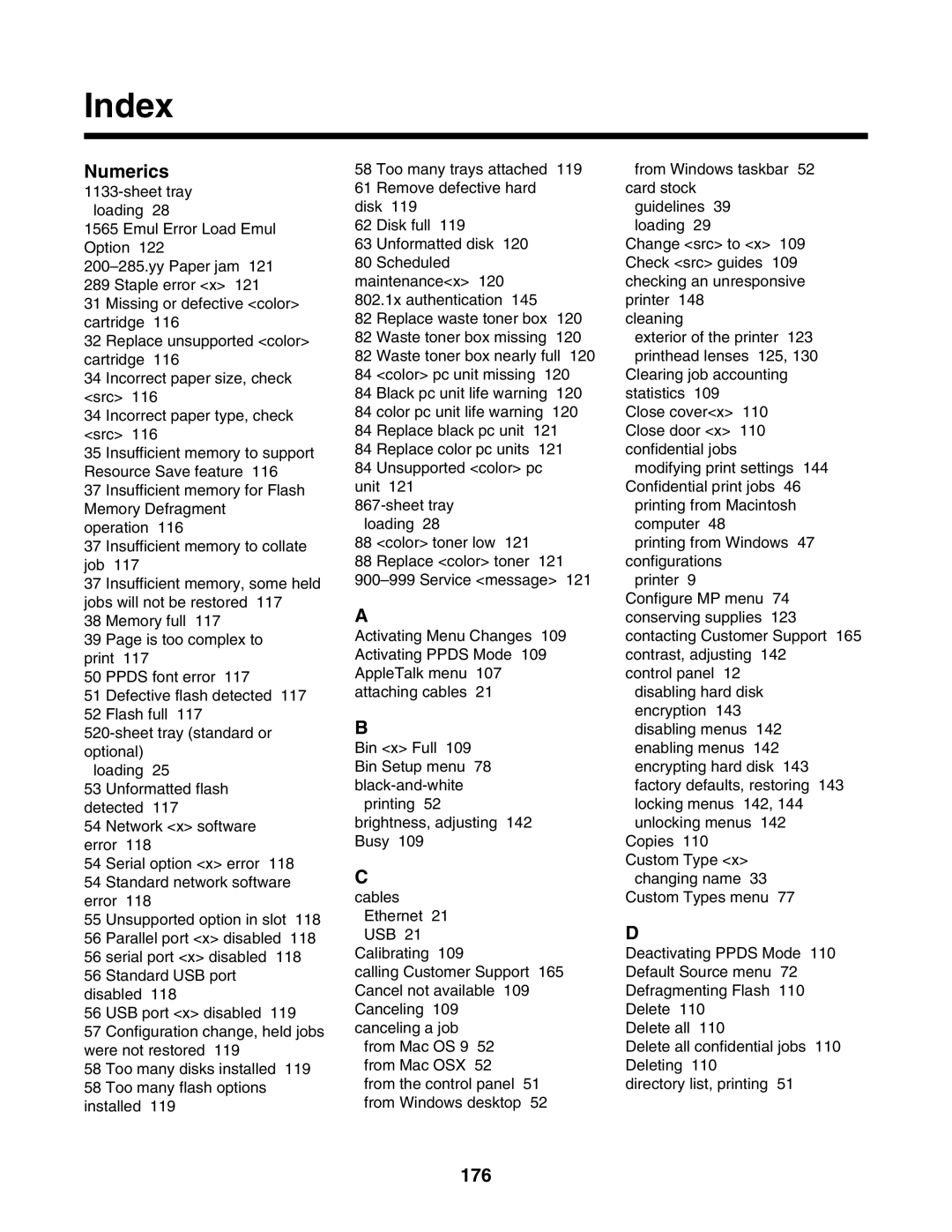 Lexmark C935 manual Index, Numerics, 176 