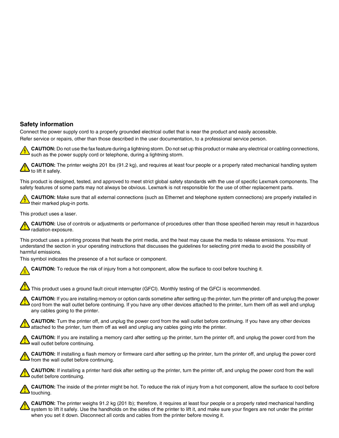 Lexmark C935 manual Safety information 