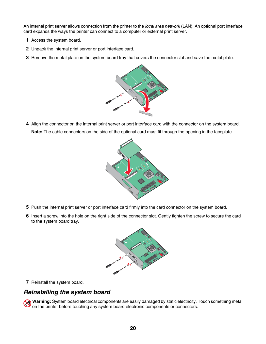 Lexmark C935 manual Reinstalling the system board 