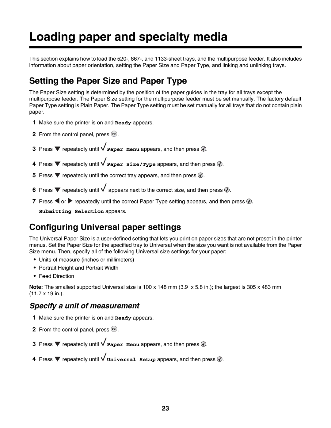 Lexmark C935 manual Loading paper and specialty media, Setting the Paper Size and Paper Type, Specify a unit of measurement 