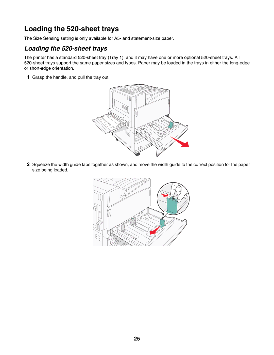 Lexmark C935 manual Loading the 520-sheet trays 