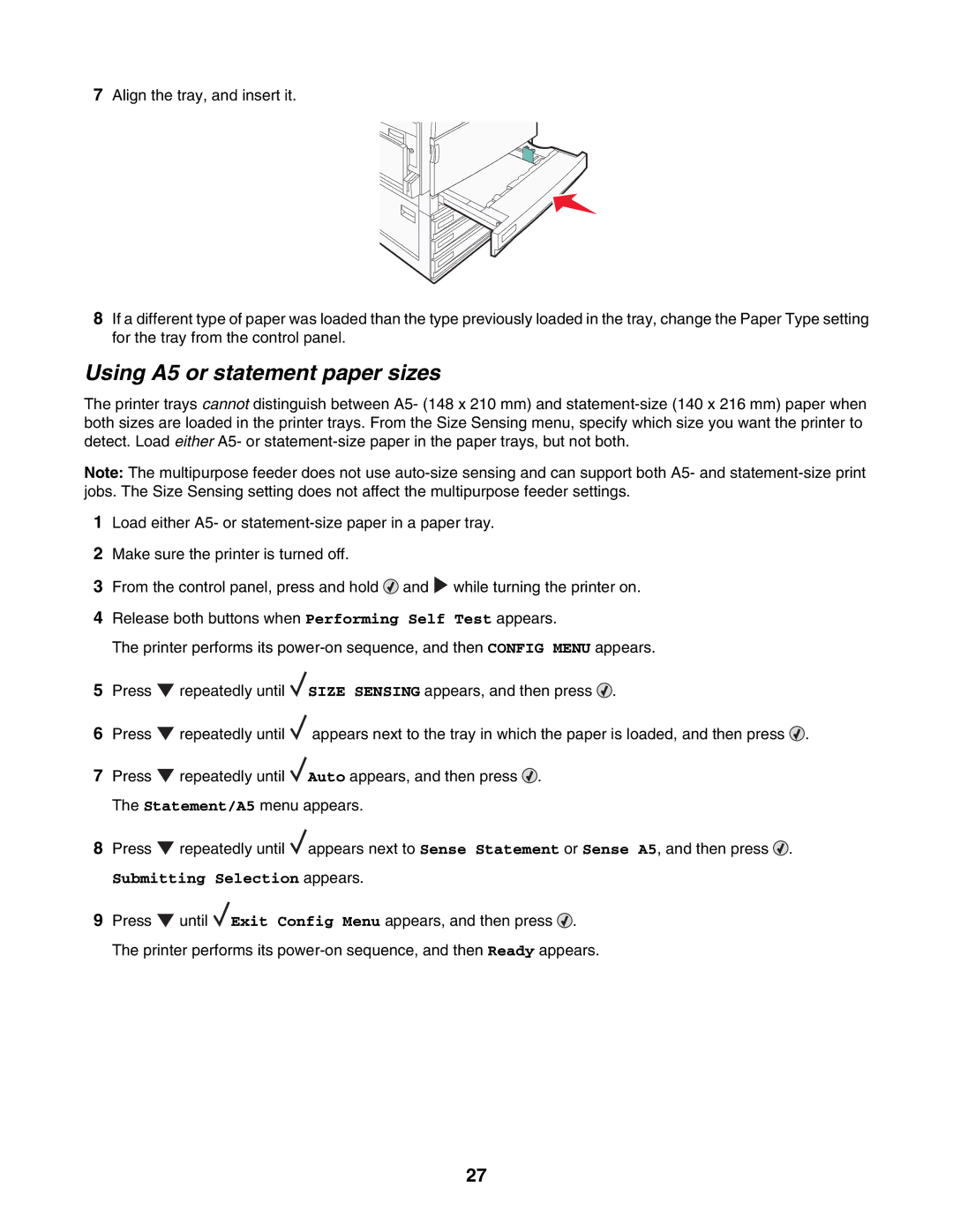 Lexmark C935 manual Using A5 or statement paper sizes 