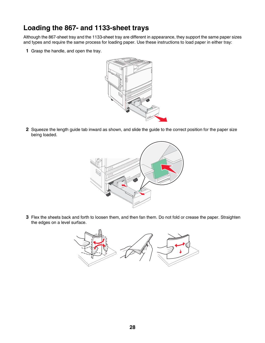 Lexmark C935 manual Loading the 867- and 1133-sheet trays 