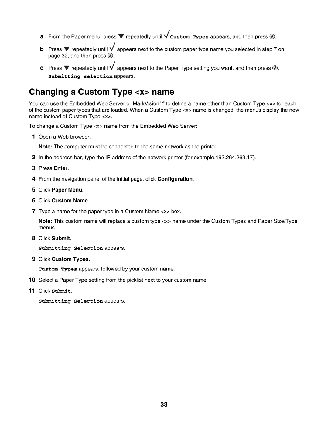 Lexmark C935 manual Changing a Custom Type x name, Click Paper Menu Click Custom Name, Click Custom Types 