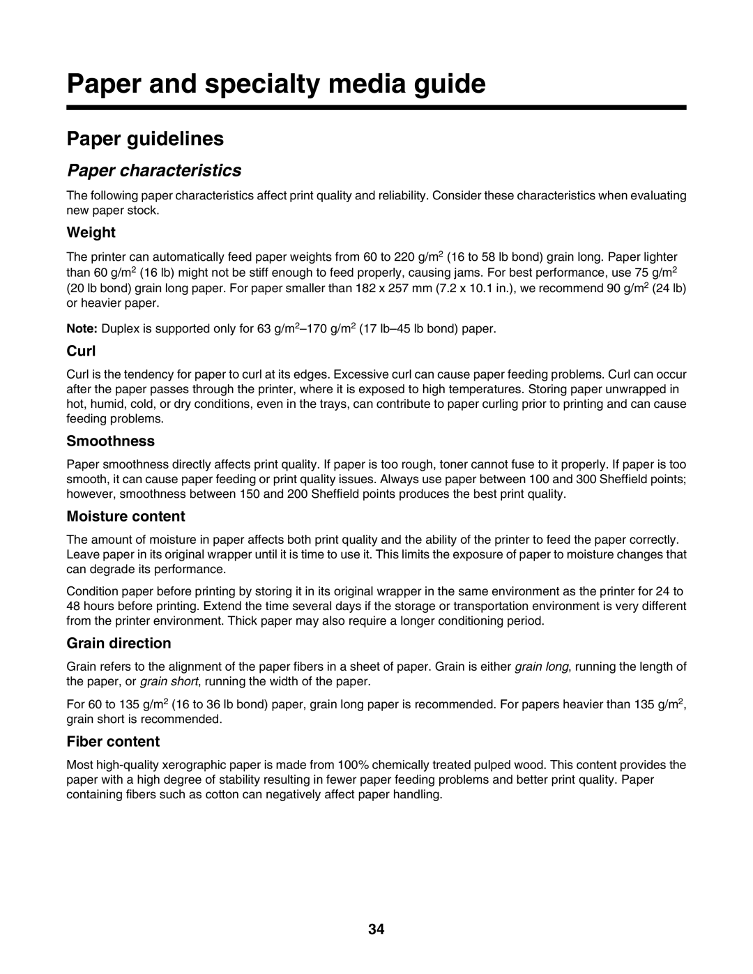 Lexmark C935 manual Paper and specialty media guide, Paper guidelines, Paper characteristics 