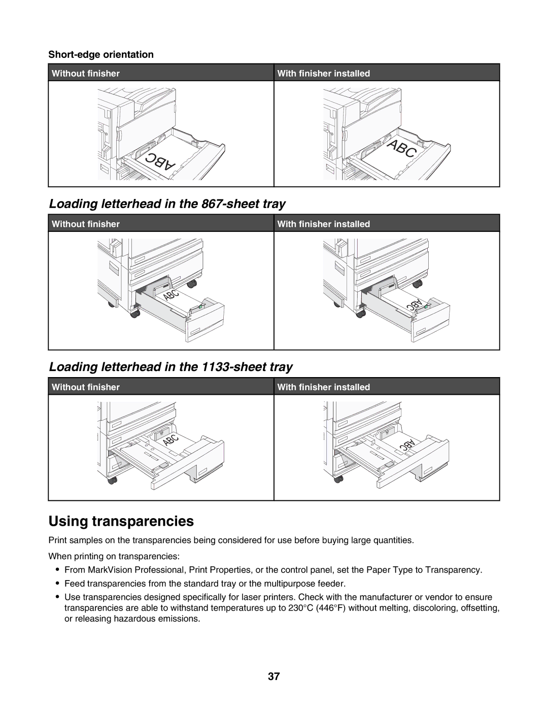 Lexmark C935 Using transparencies, Loading letterhead in the 867-sheet tray, Loading letterhead in the 1133-sheet tray 