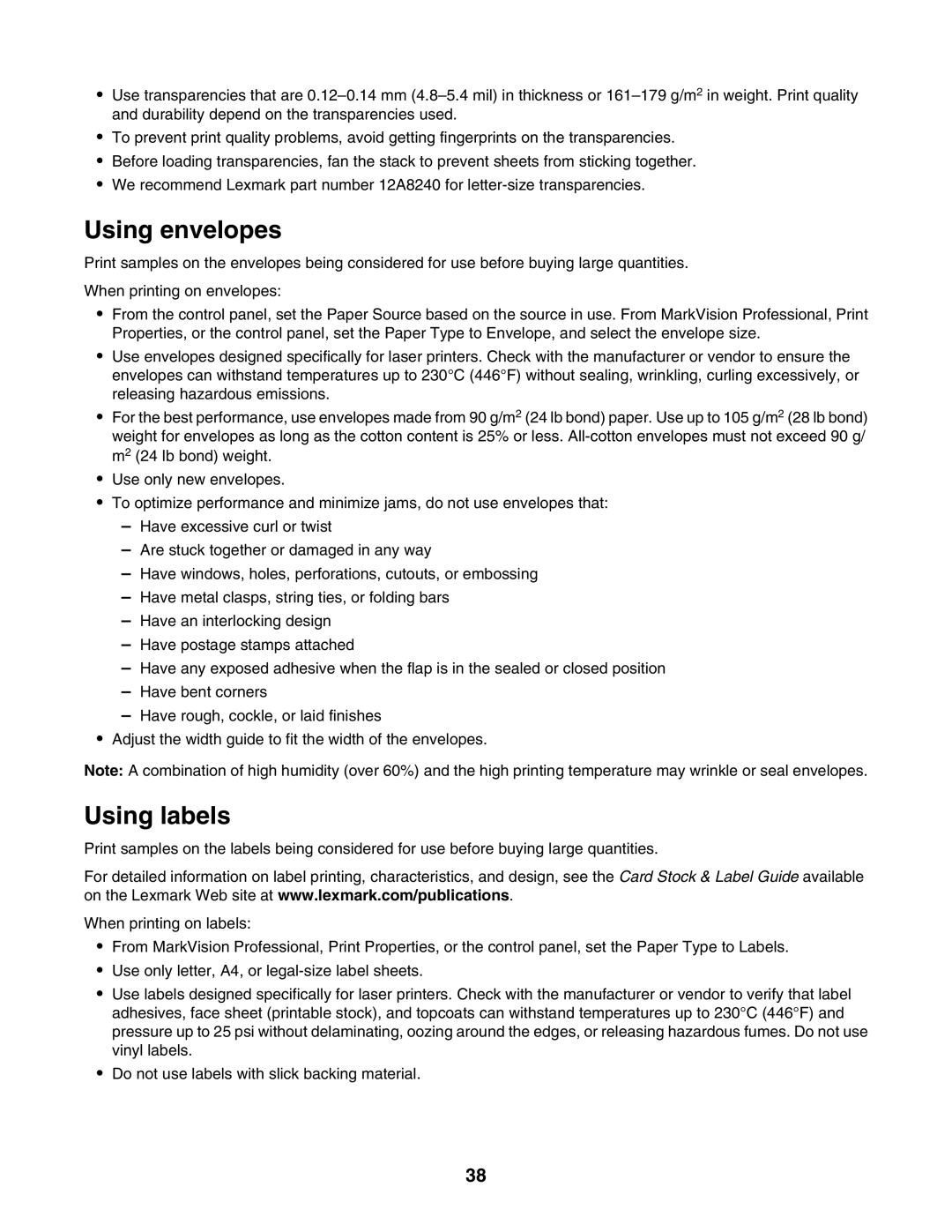 Lexmark C935 manual Using envelopes, Using labels 