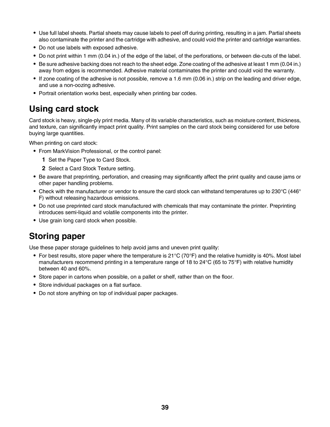 Lexmark C935 manual Using card stock, Storing paper 