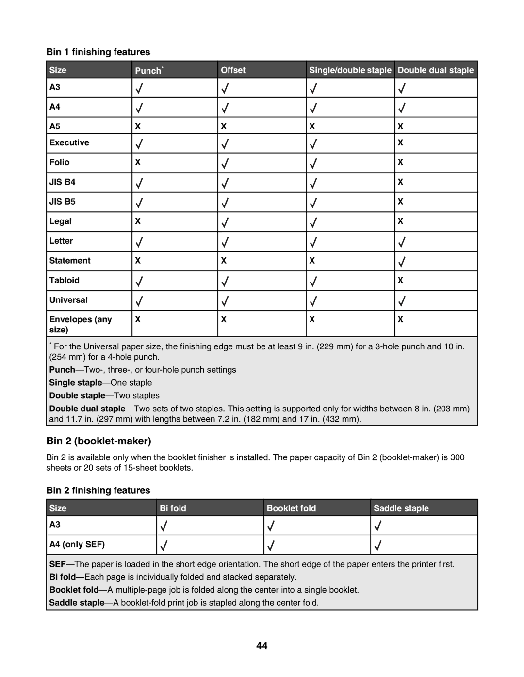 Lexmark C935 manual Bin 2 booklet-maker, Executive Folio, Legal Letter Statement Tabloid Universal Envelopes any Size 