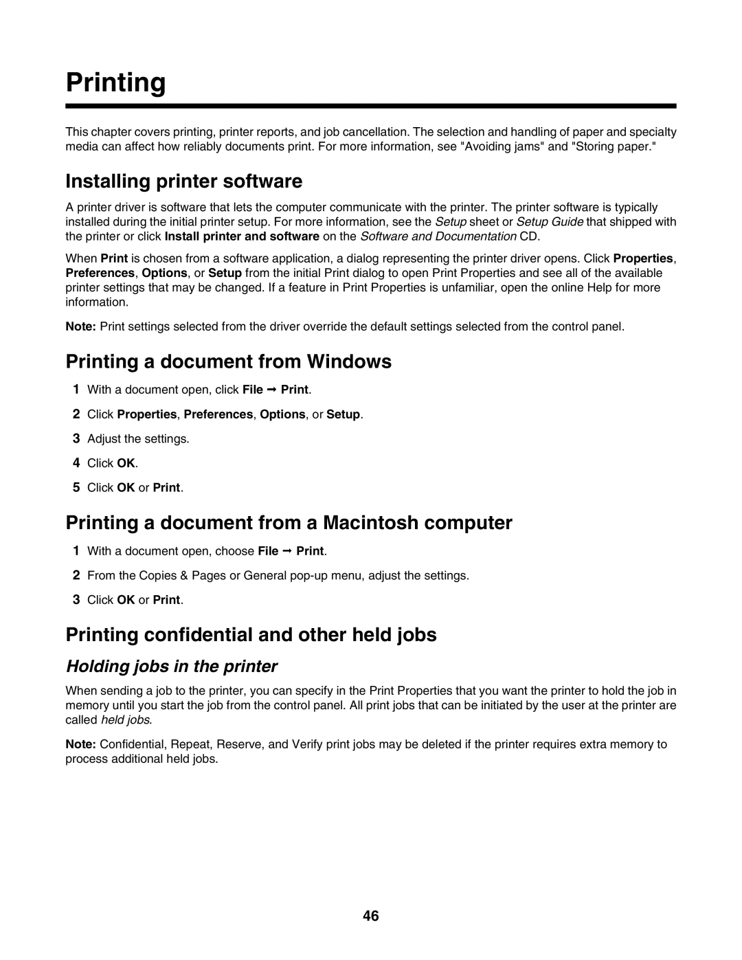 Lexmark C935 Installing printer software, Printing a document from Windows, Printing confidential and other held jobs 