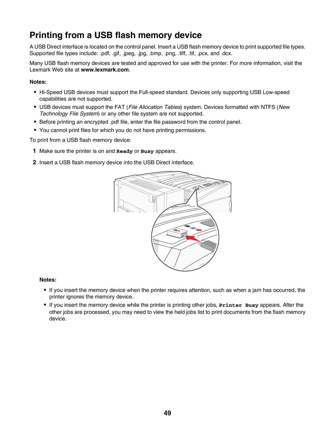 Lexmark C935 manual Printing from a USB flash memory device 