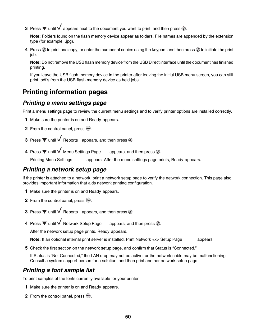 Lexmark C935 Printing information pages, Printing a menu settings, Printing a network setup, Printing a font sample list 