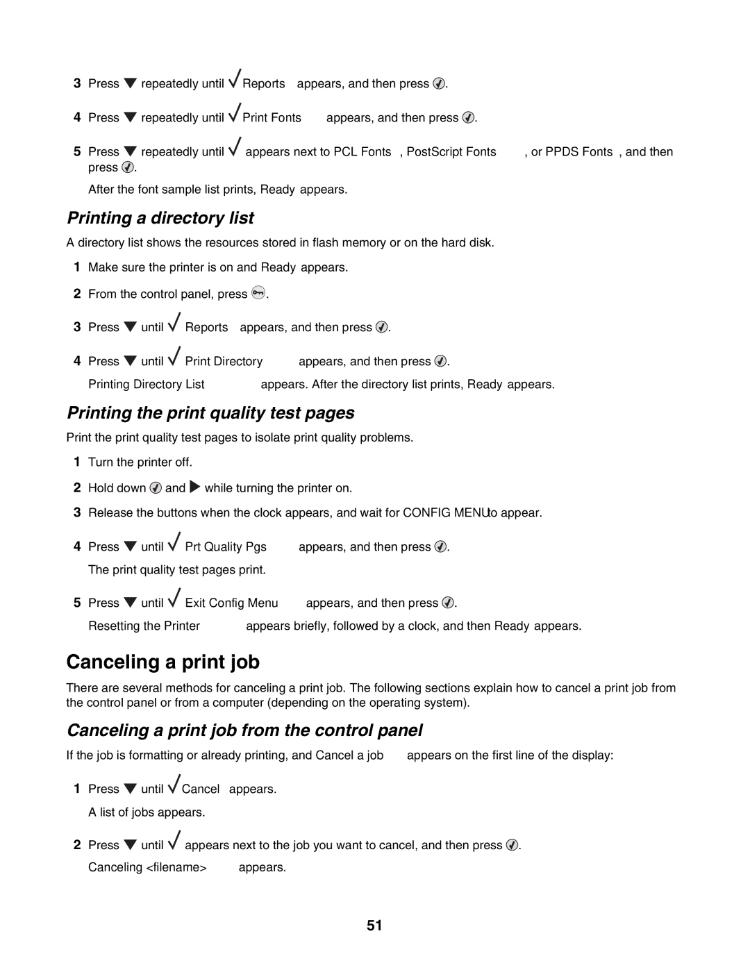 Lexmark C935 manual Canceling a print job, Printing a directory list, Printing the print quality test pages 