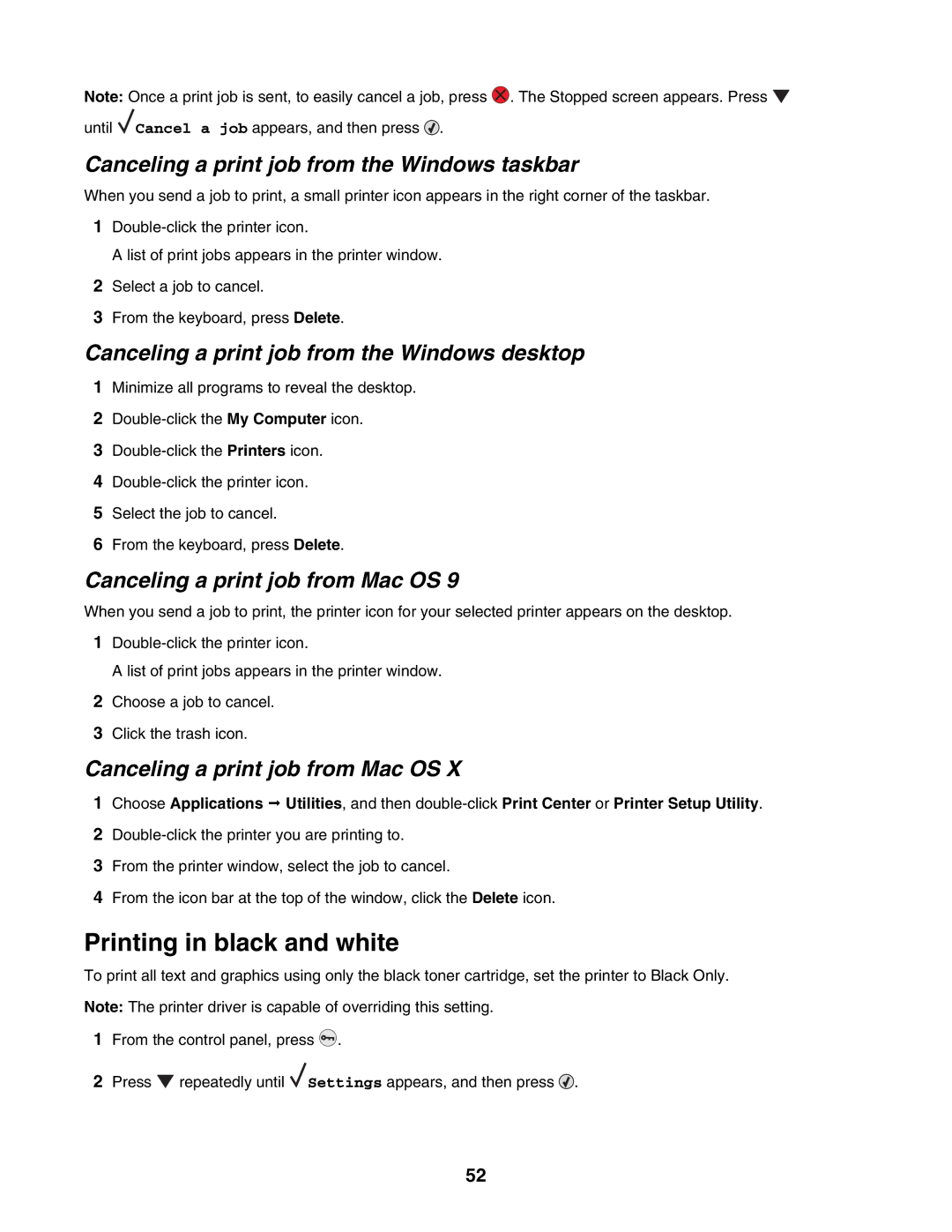Lexmark C935 manual Printing in black and white, Canceling a print job from the Windows taskbar 