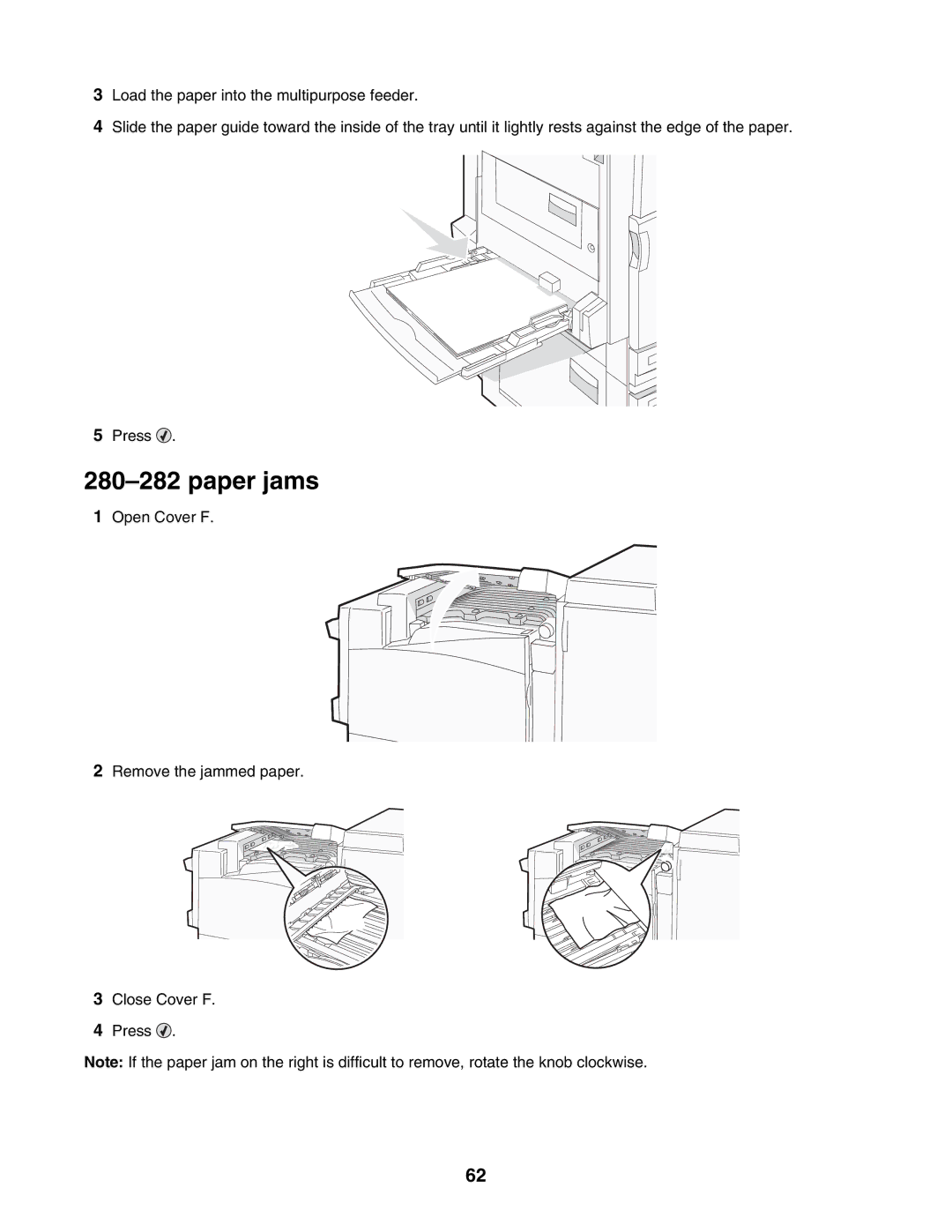 Lexmark C935 manual Open Cover F Remove the jammed paper Close Cover F Press 