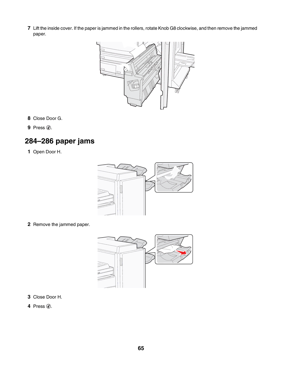 Lexmark C935 manual Open Door H Remove the jammed paper Close Door H Press 