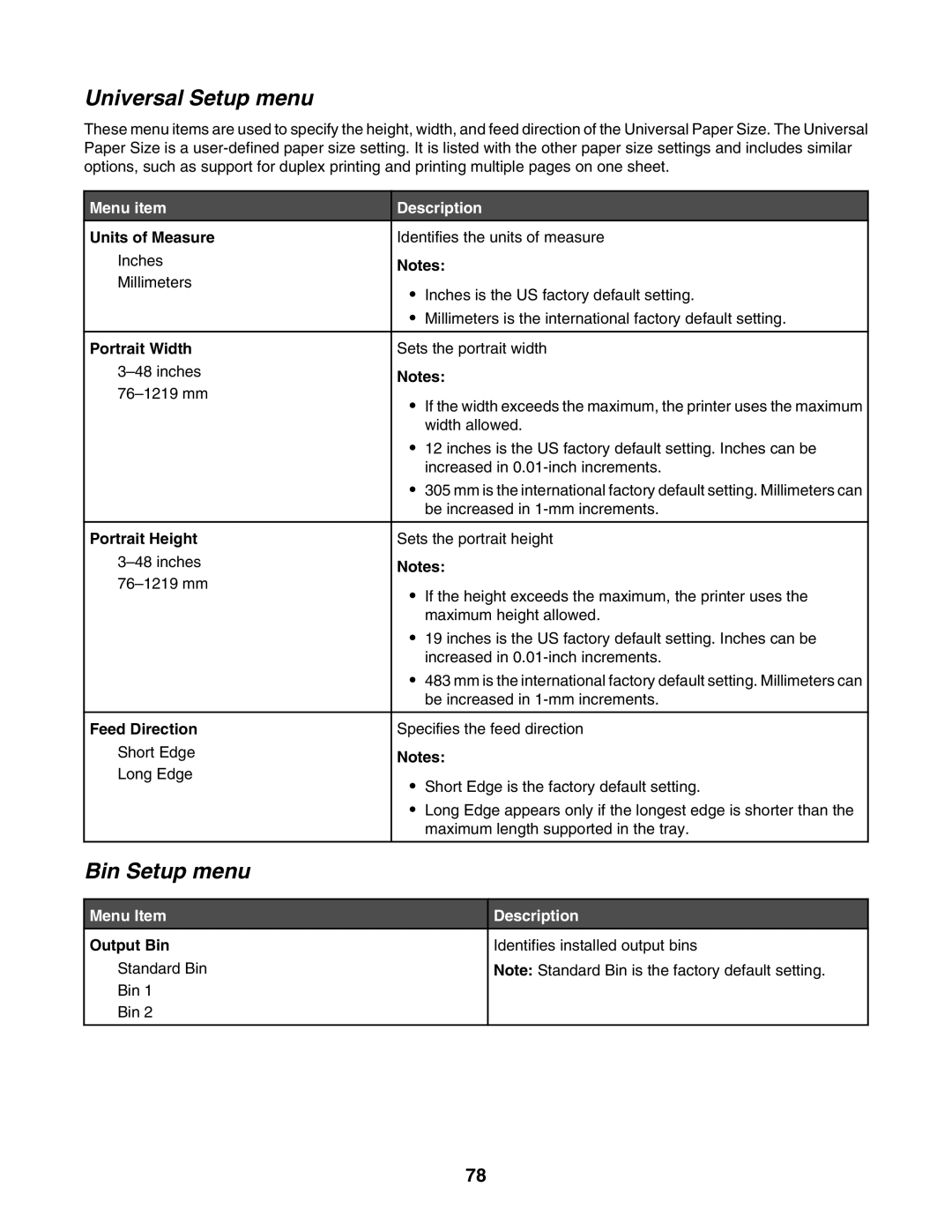 Lexmark C935 manual Universal Setup menu, Bin Setup menu 