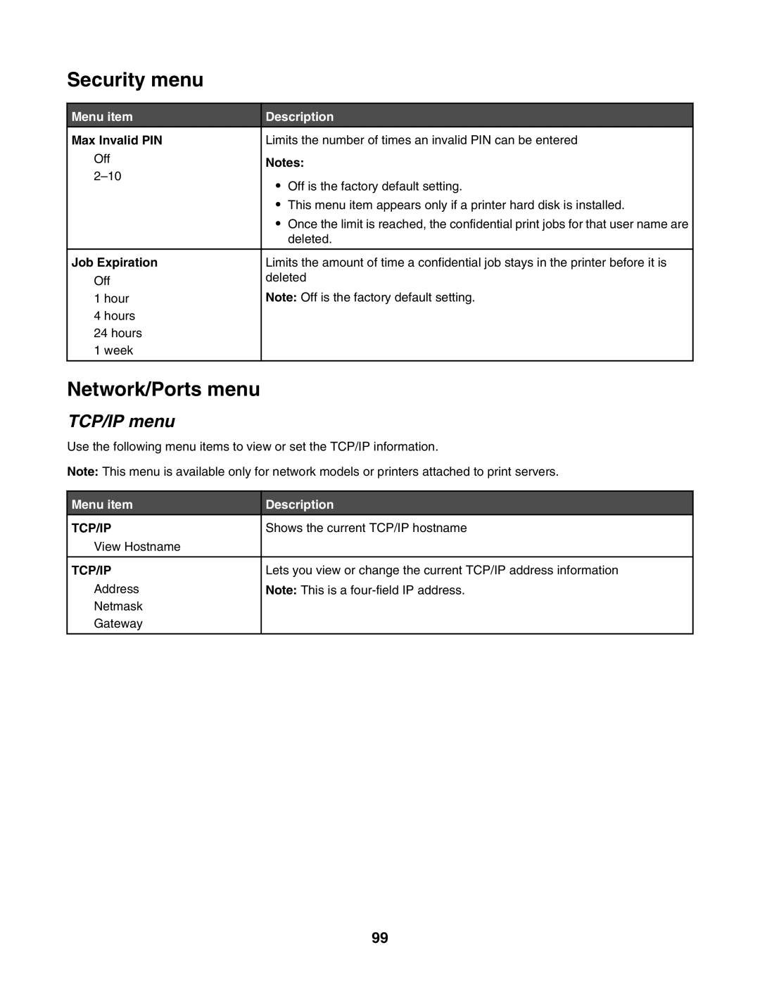 Lexmark C935 manual Security menu, Network/Ports menu, TCP/IP menu, Max Invalid PIN, Job Expiration 