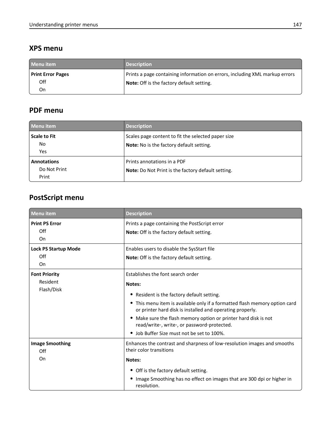 Lexmark C950 manual XPS menu, PostScript menu, Understanding printer menus 147 