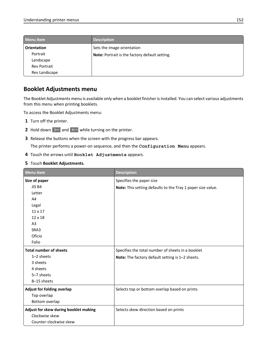 Lexmark C950 manual Booklet Adjustments menu, Understanding printer menus 152, Touch Booklet Adjustments 