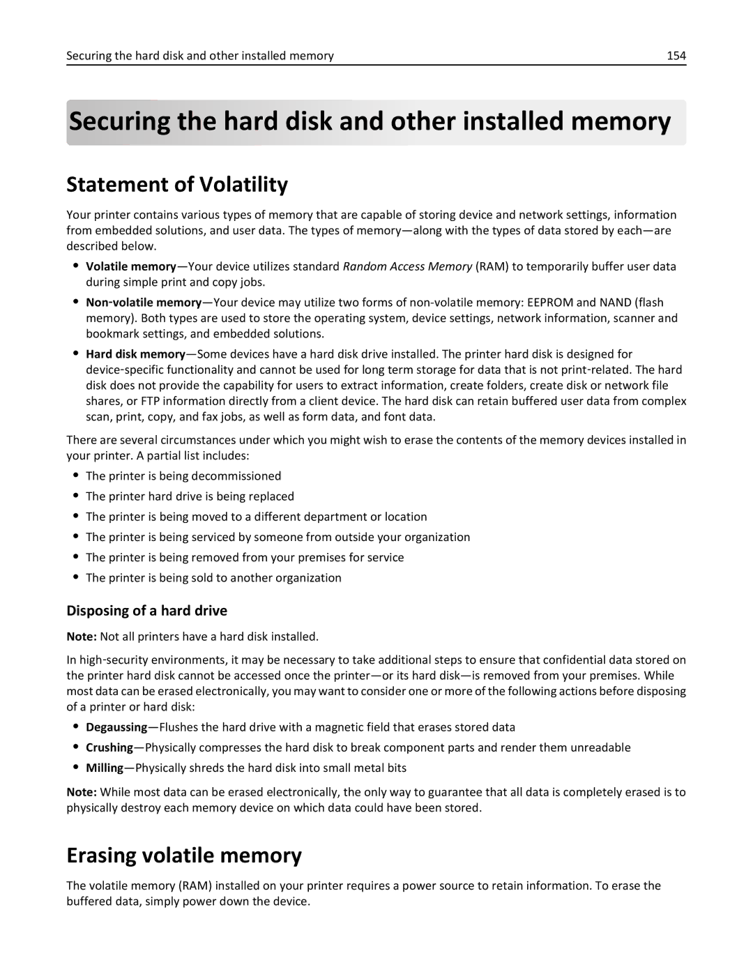 Lexmark C950 manual Securing the hard disk and other installed memory, Statement of Volatility, Erasing volatile memory 