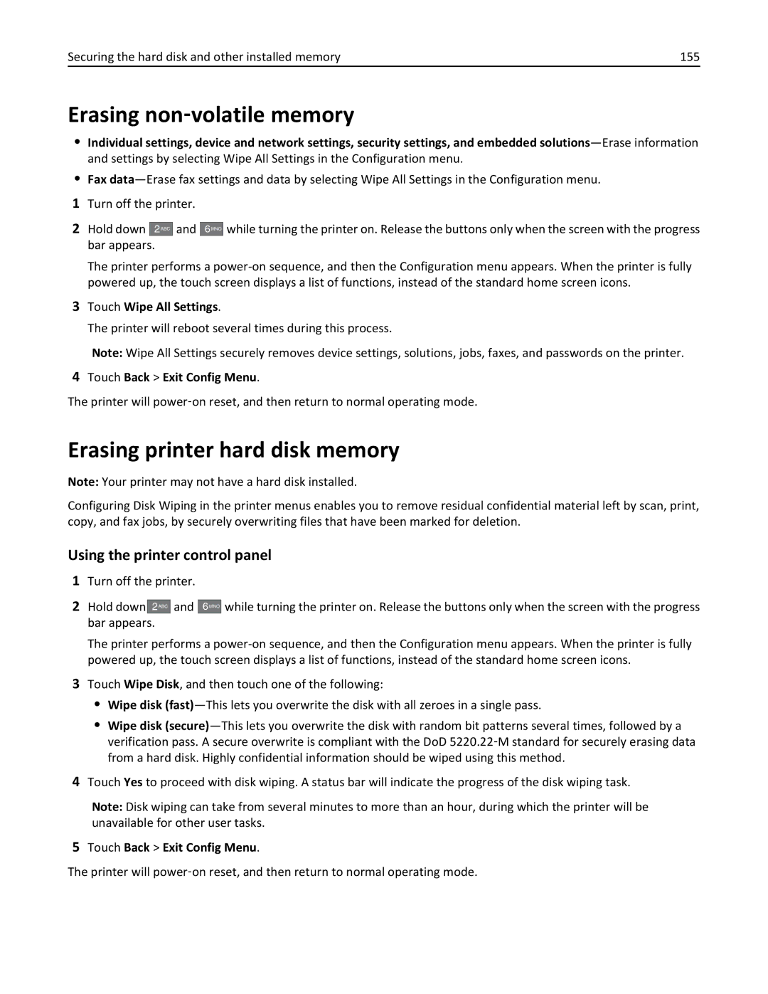 Lexmark C950 manual Erasing non‑volatile memory, Erasing printer hard disk memory, Using the printer control panel 