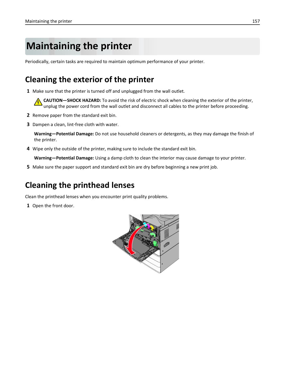 Lexmark C950 manual Maintaining the printer, Cleaning the exterior of the printer, Cleaning the printhead lenses 