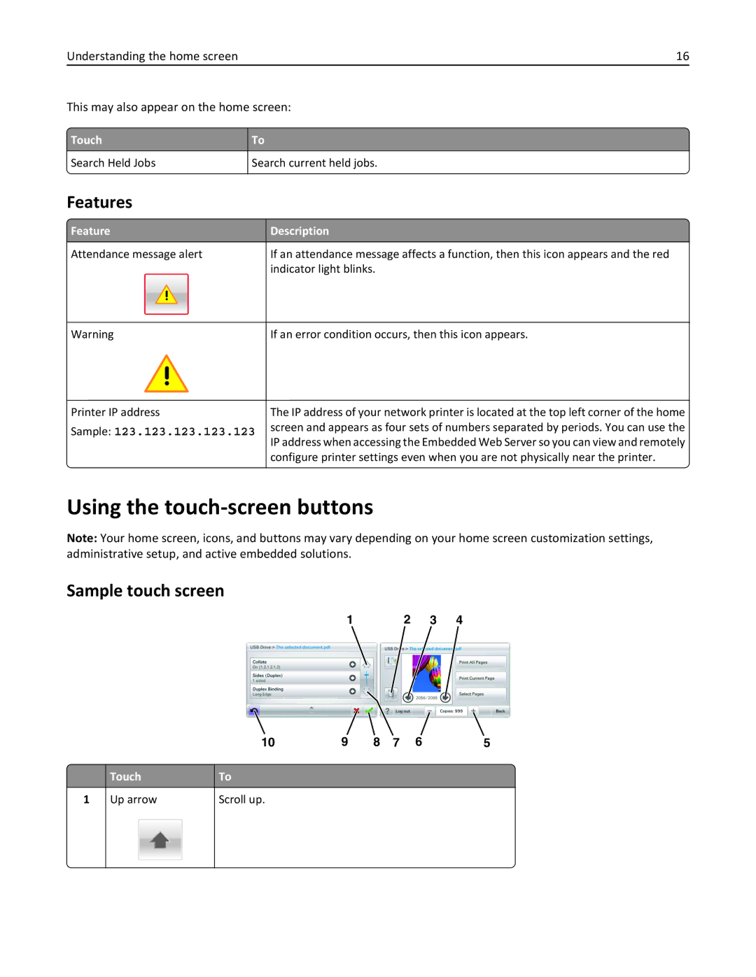 Lexmark C950 manual Using the touch-screen buttons, Features, Sample touch screen, Feature Description 