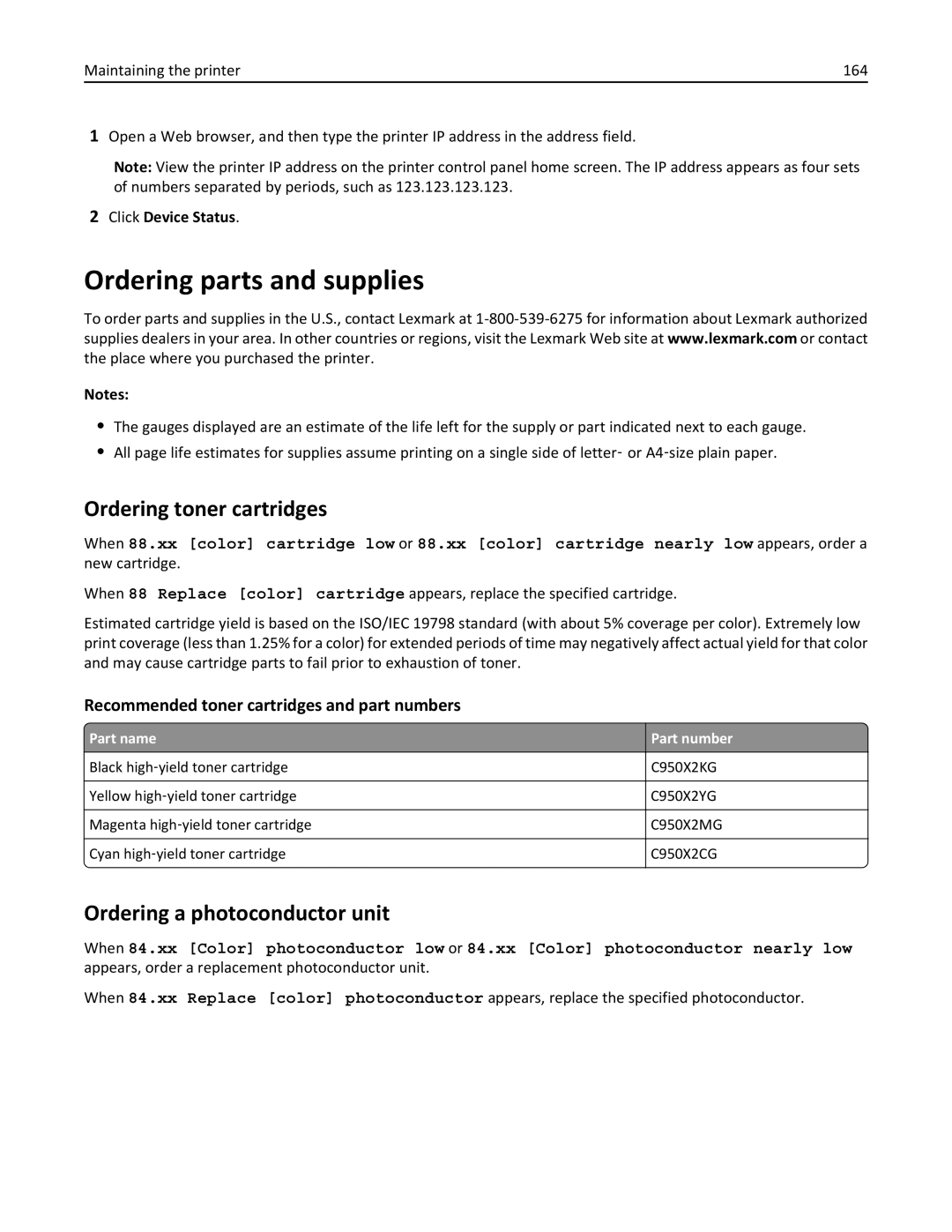 Lexmark C950 Ordering parts and supplies, Ordering toner cartridges, Ordering a photoconductor unit, Click Device Status 