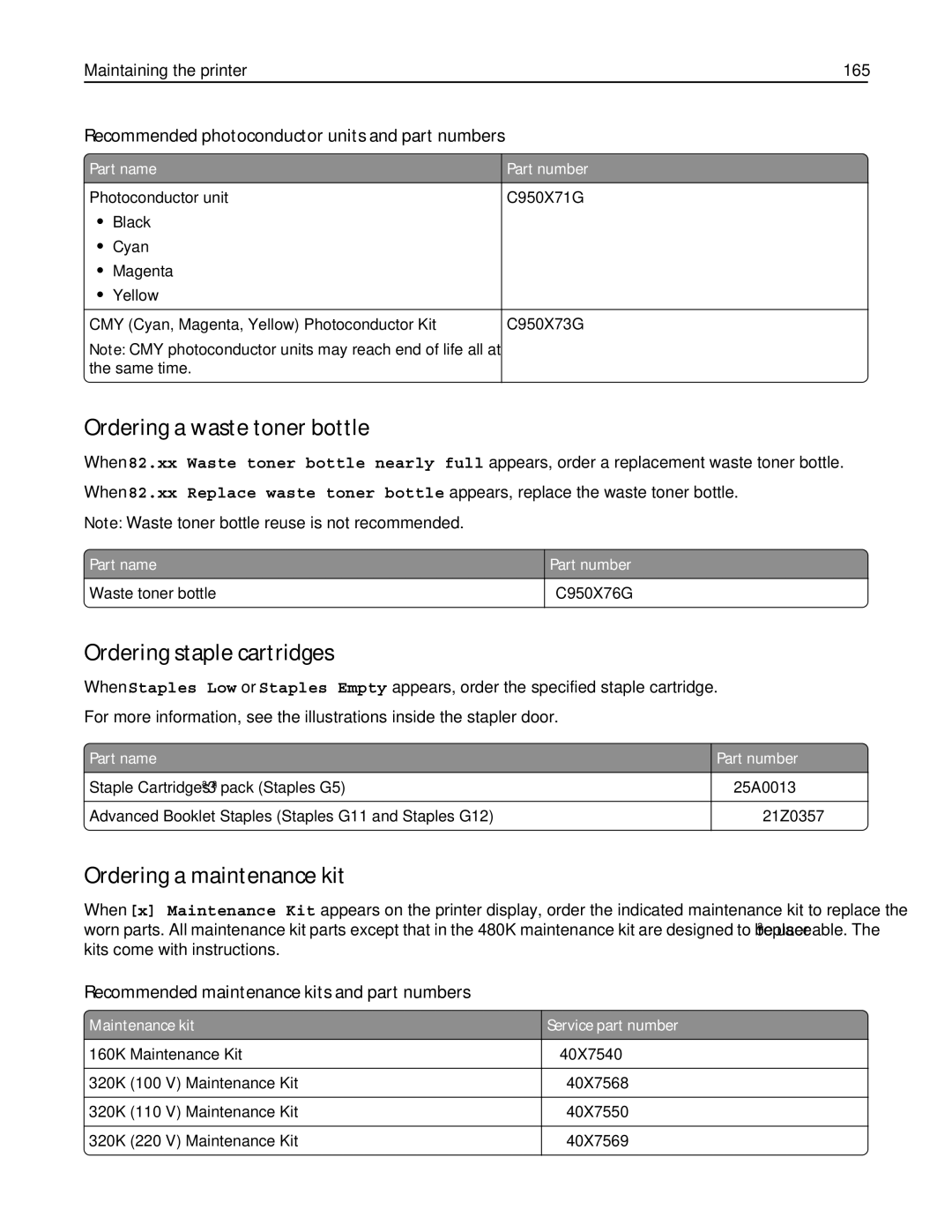 Lexmark C950 manual Ordering a waste toner bottle, Ordering staple cartridges, Ordering a maintenance kit 