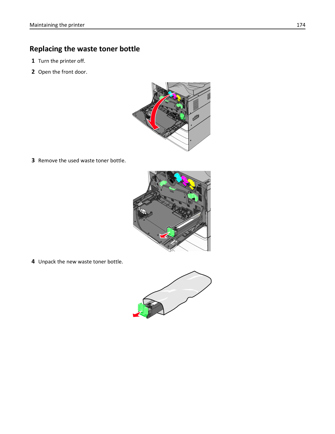 Lexmark C950 manual Replacing the waste toner bottle, Maintaining the printer 174 