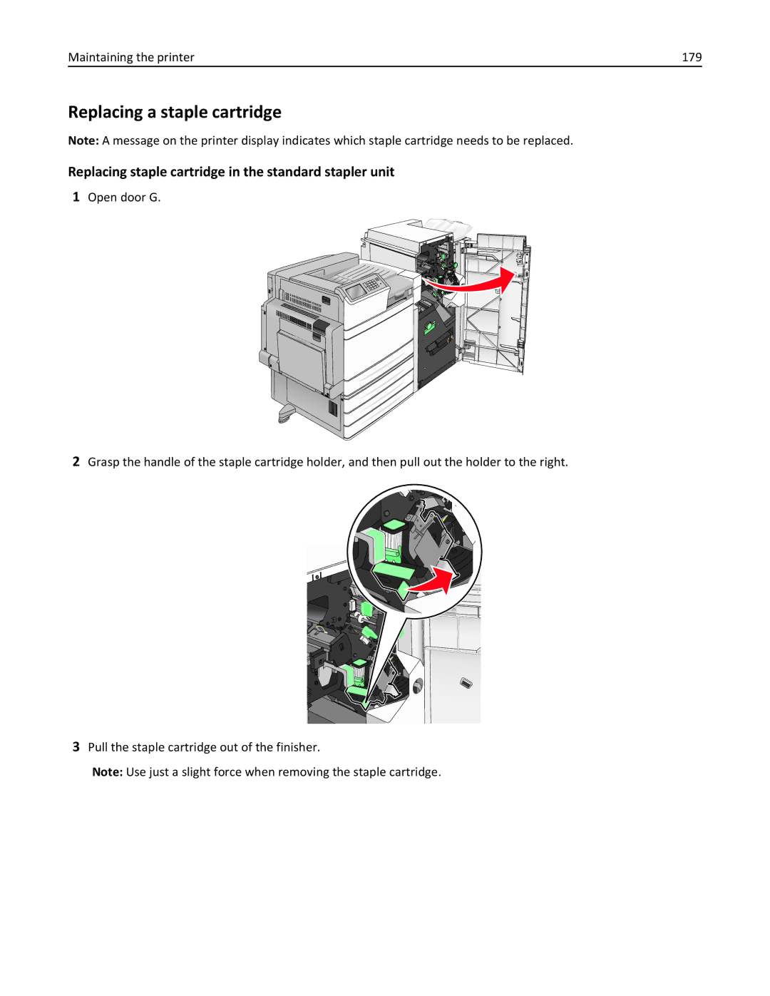 Lexmark C950 manual Replacing a staple cartridge, Replacing staple cartridge in the standard stapler unit 