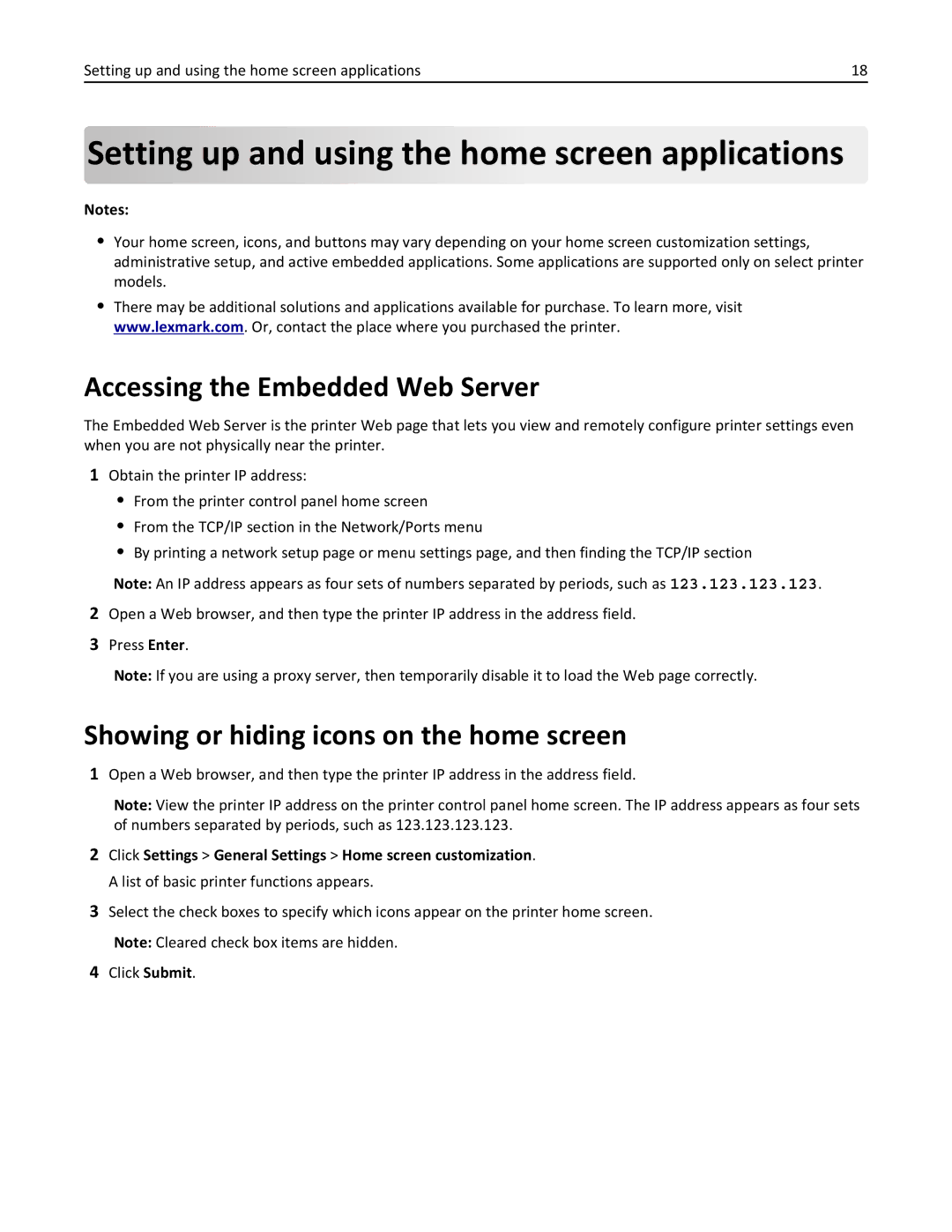 Lexmark C950 manual Setting up and using the home screen applications, Accessing the Embedded Web Server 