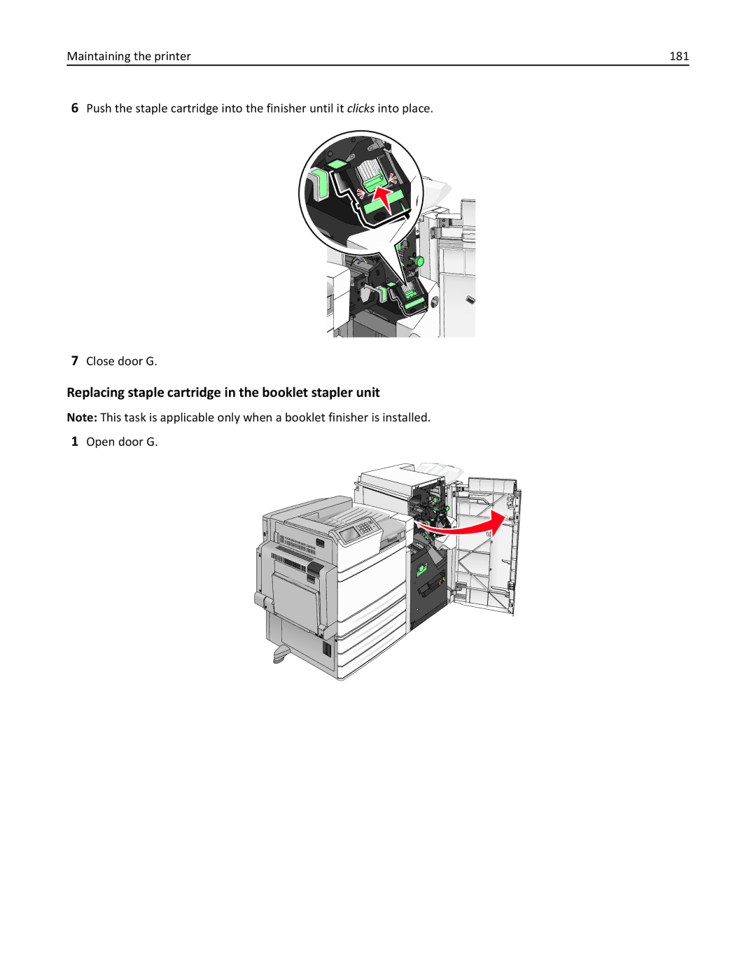 Lexmark C950 manual Replacing staple cartridge in the booklet stapler unit, Open door G 