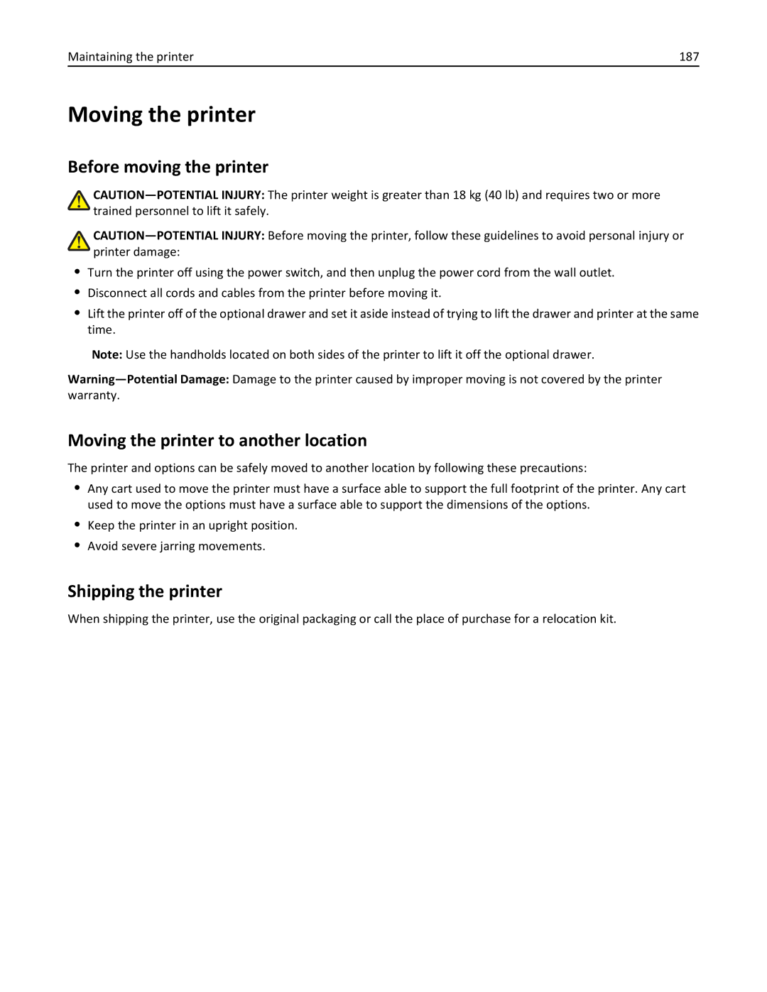 Lexmark C950 manual Before moving the printer, Moving the printer to another location, Shipping the printer 