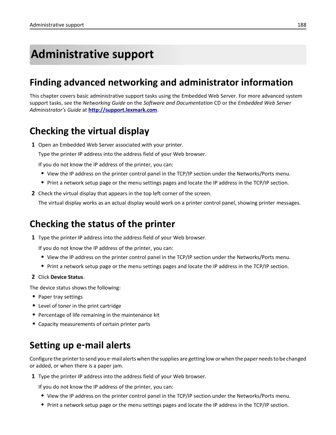 Lexmark C950 Administrative support, Finding advanced networking and administrator information, Setting up e‑mail alerts 