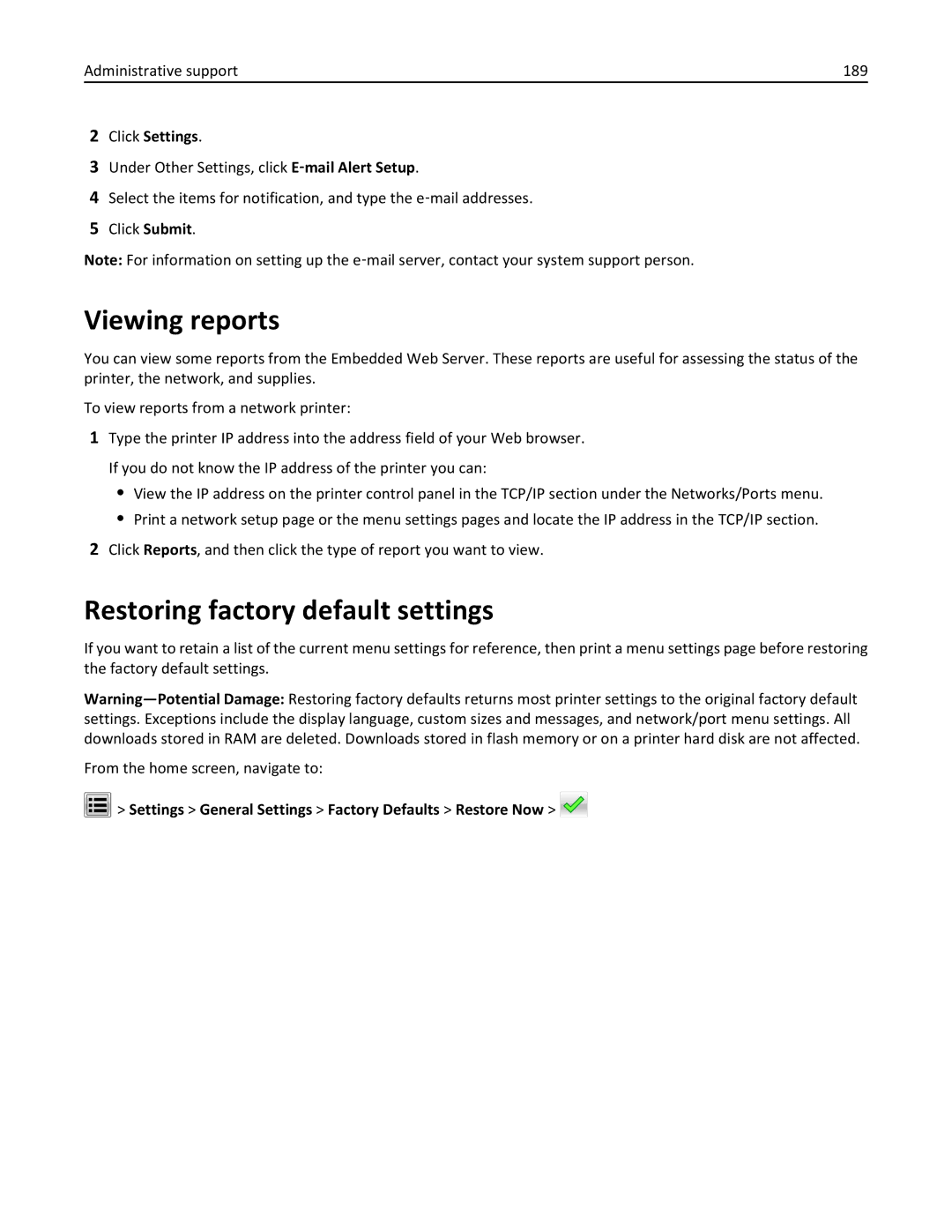 Lexmark C950 manual Viewing reports, Restoring factory default settings, Administrative support 189, Click Settings 