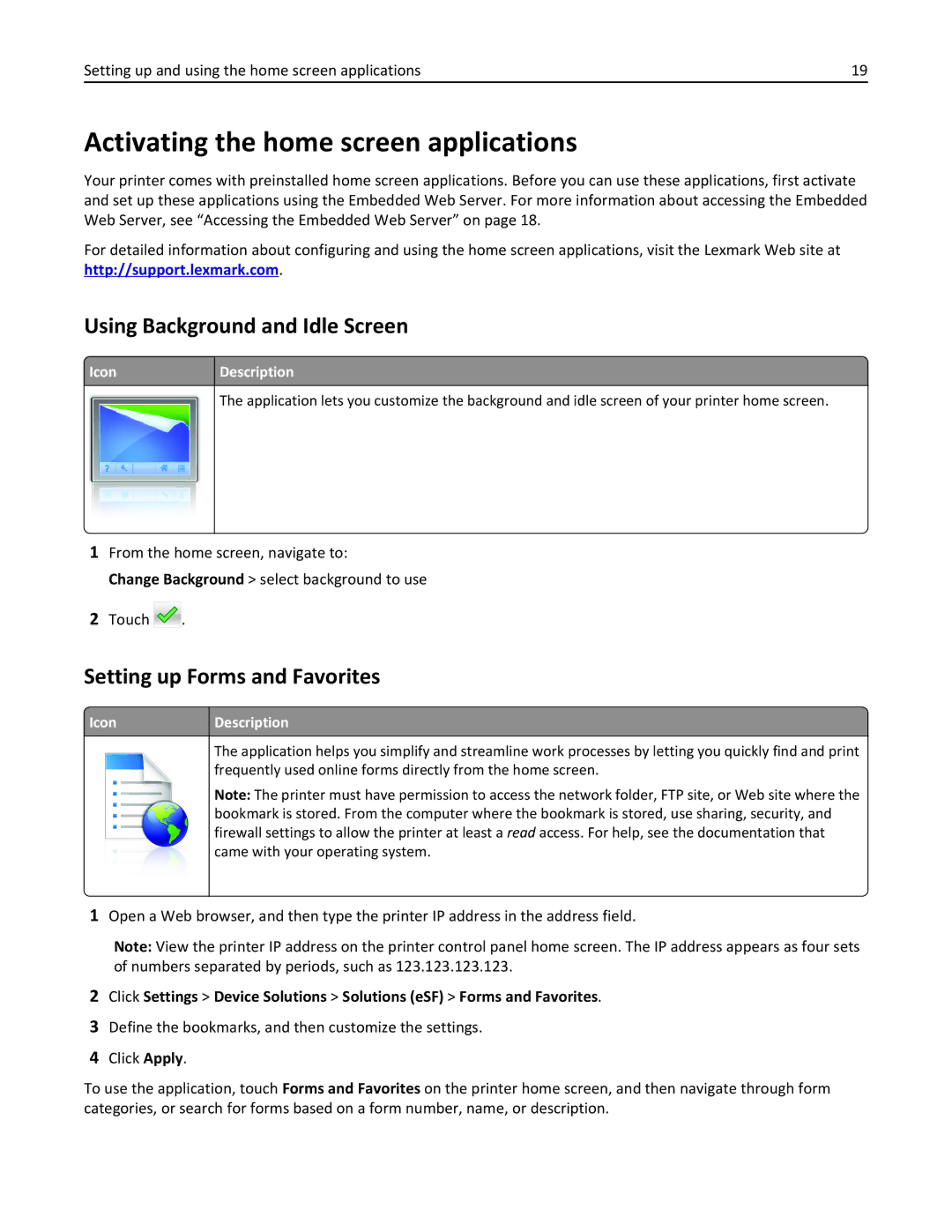 Lexmark C950 Activating the home screen applications, Using Background and Idle Screen, Setting up Forms and Favorites 