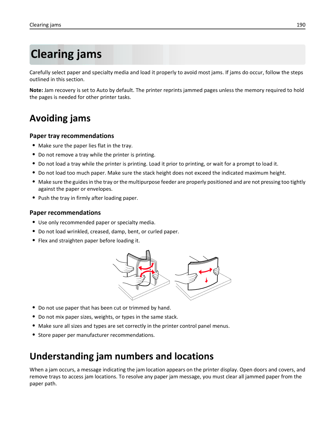 Lexmark C950 manual Clearing jams, Avoiding jams, Understanding jam numbers and locations, Paper tray recommendations 