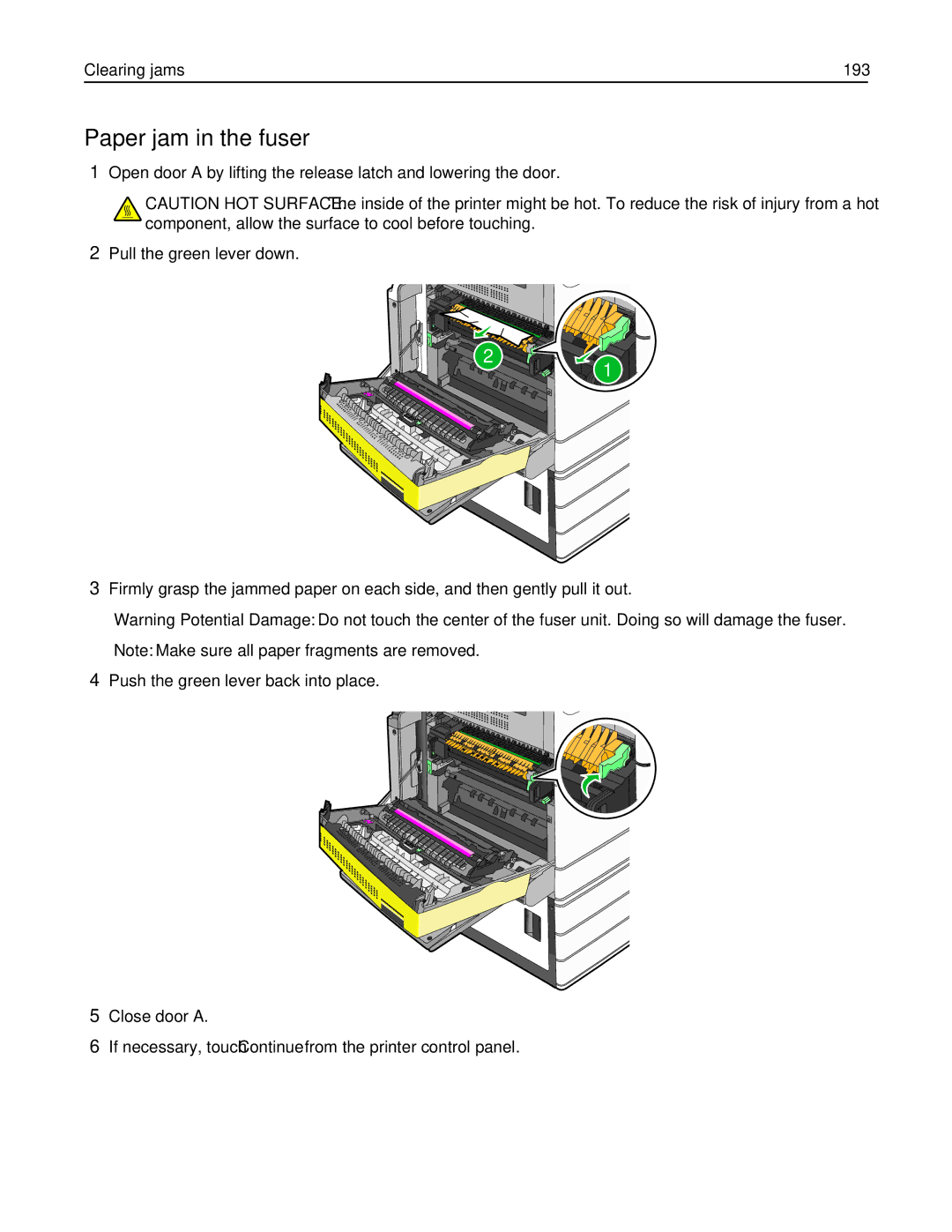 Lexmark C950 manual Paper jam in the fuser, Clearing jams 193 