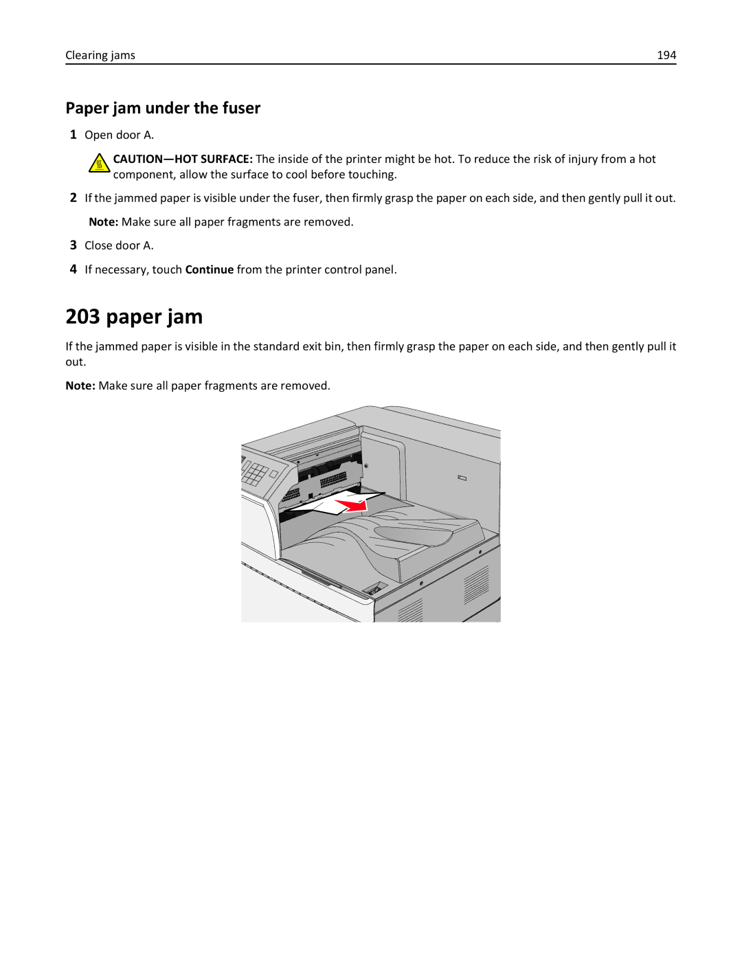 Lexmark C950 manual Paper jam under the fuser, Clearing jams 194 