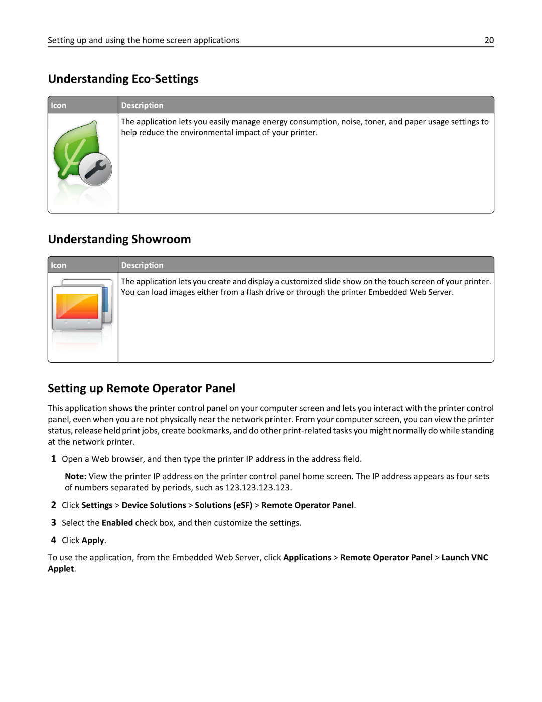 Lexmark C950 manual Understanding Eco‑Settings, Understanding Showroom, Setting up Remote Operator Panel 