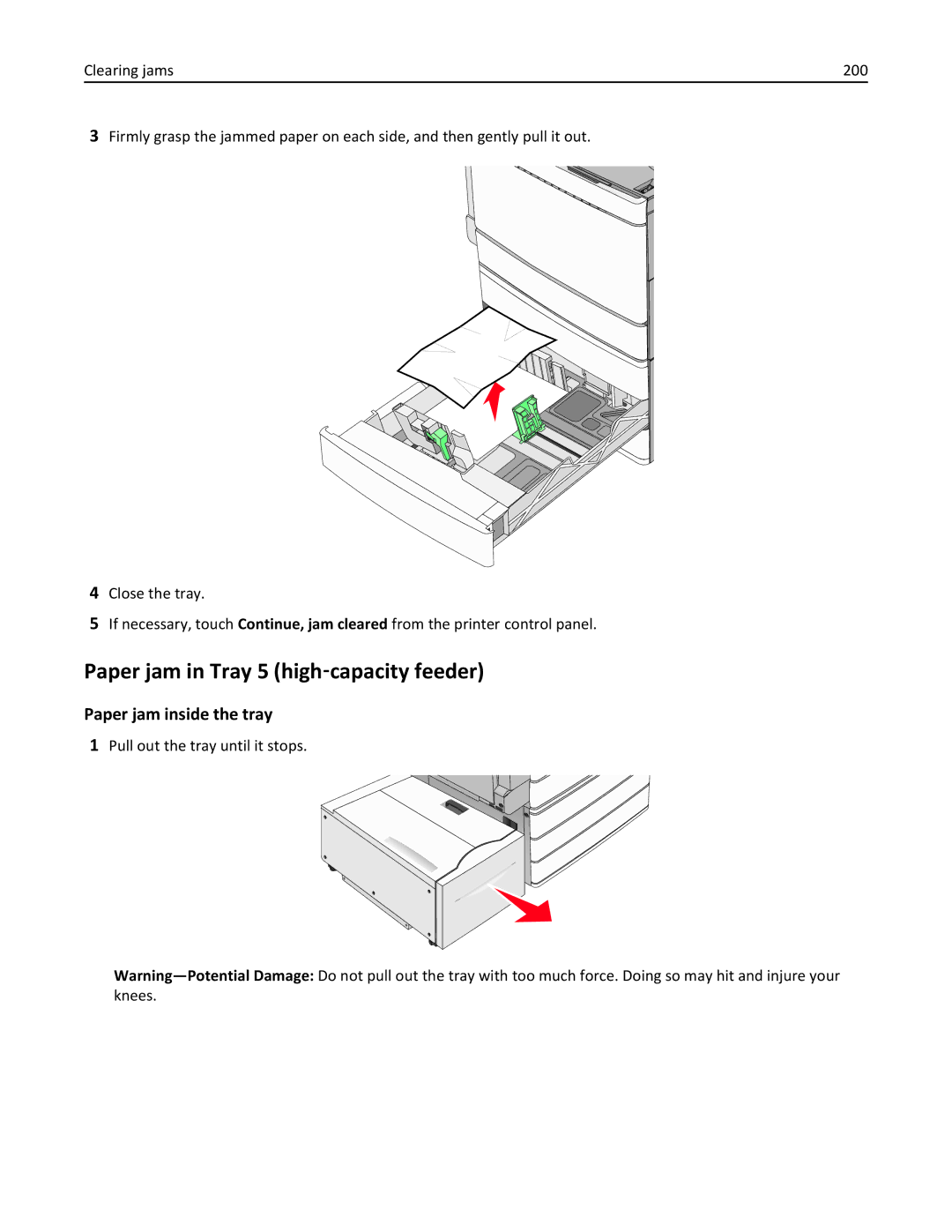 Lexmark C950 manual Paper jam in Tray 5 high‑capacity feeder, Paper jam inside the tray, Pull out the tray until it stops 