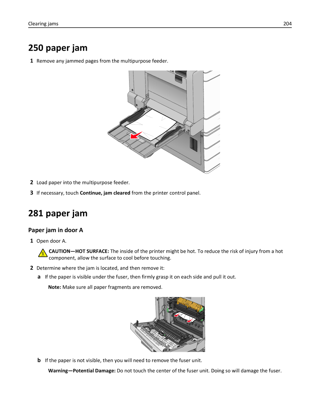 Lexmark C950 manual Paper jam in door a, Clearing jams 204 