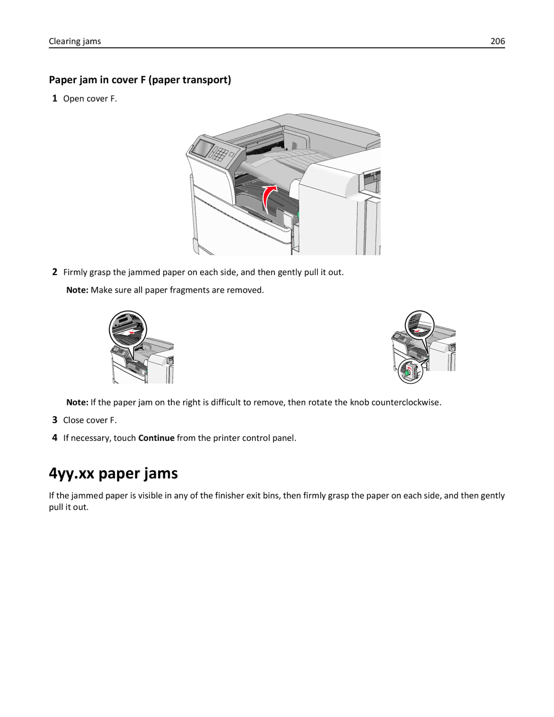 Lexmark C950 manual 4yy.xx paper jams, Paper jam in cover F paper transport, Clearing jams 206 